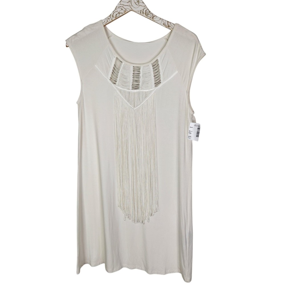 KAREN MILLEN Dress Womens 8 White Fringe Neckline‎ Sleeveless Shift Party